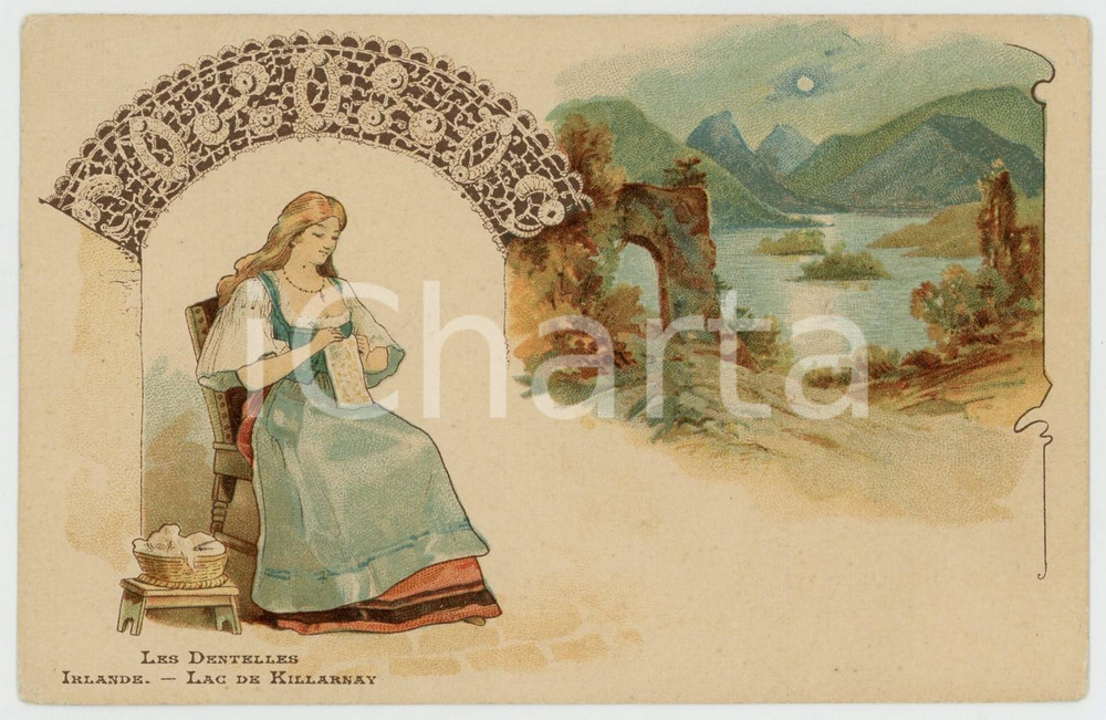 1910 ca LES DENTELLES - IRLANDE - Lac de KILLARNAY ^Postcard CPA Cartolina postale originale d'epoca, realizzata per essere successivamente personalizzata a scopo pubblicitario. POOR/danneggiato piegature angolari Formato: 14x9 cm originale e autentica 1