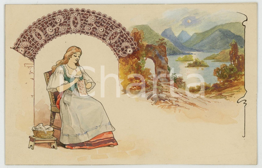 1910 ca LES DENTELLES - Irlande Lac Killannay *Bozzetto cartolina DIPINTO A MANO  Bozzetto originale per cartolina postale d'epoca, su cartoncino rigido, disegnato e acquerellato a mano.La serie pubblicizzava il "Chocolat Lombart".Al verso &egrave; applicato su carta il marchio dell'editore: "Gouweloos Fr&egrave;re et Soeur - Bruxelles". GOOD/buono  Formato: 14x9 cm originale e autentica 1