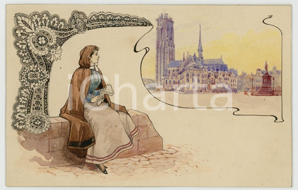 1910 ca LES DENTELLES MALINES La Grand' Place *Bozzetto cartolina DIPINTO A MANO  Bozzetto originale per cartolina postale d'epoca, su cartoncino rigido, disegnato e acquerellato a mano.La serie pubblicizzava il "Chocolat Lombart".Al verso &egrave; applicato su carta il marchio dell'editore: "Gouweloos Fr&egrave;re et Soeur - Bruxelles". GOOD/buono  Formato: 14x9 cm originale e autentica 1