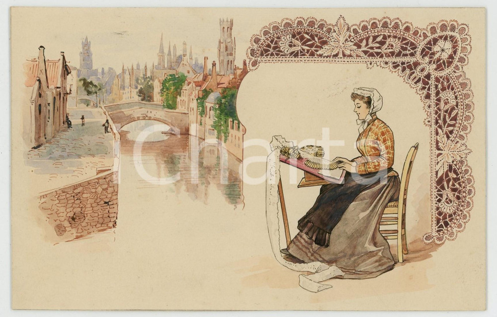 1910 ca LES DENTELLES - BRUGES Le Quai Vert - Bozzetto cartolina DIPINTO A MANO  Bozzetto originale per cartolina postale d'epoca, su cartoncino rigido, disegnato e acquerellato a mano.La serie pubblicizzava il "Chocolat Lombart".Al verso &egrave; applicato su carta il marchio dell'editore: "Gouweloos Fr&egrave;re et Soeur - Bruxelles". GOOD/buono  Formato: 14x9 cm originale e autentica 1