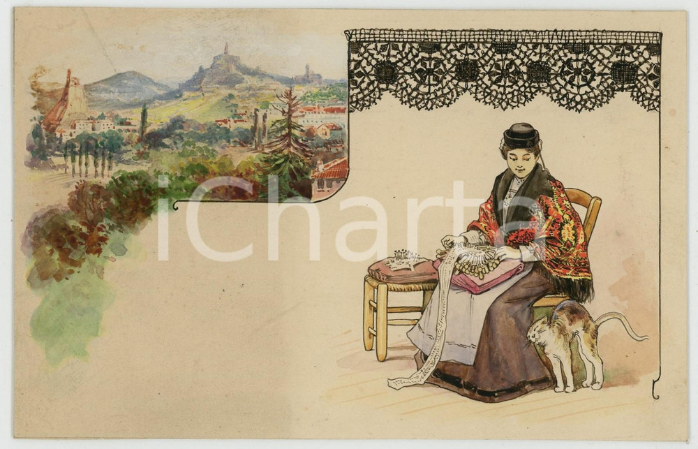 1910 ca LES DENTELLES Le-Puy-en-Velay - Bozzetto cartolina DIPINTO A MANO  Bozzetto originale per cartolina postale d'epoca, su cartoncino rigido, disegnato e acquerellato a mano.La serie pubblicizzava il "Chocolat Lombart".Al verso &egrave; applicato su carta il marchio dell'editore: "Gouweloos Fr&egrave;re et Soeur - Bruxelles". GOOD/buono  Formato: 14x9 cm originale e autentica 1