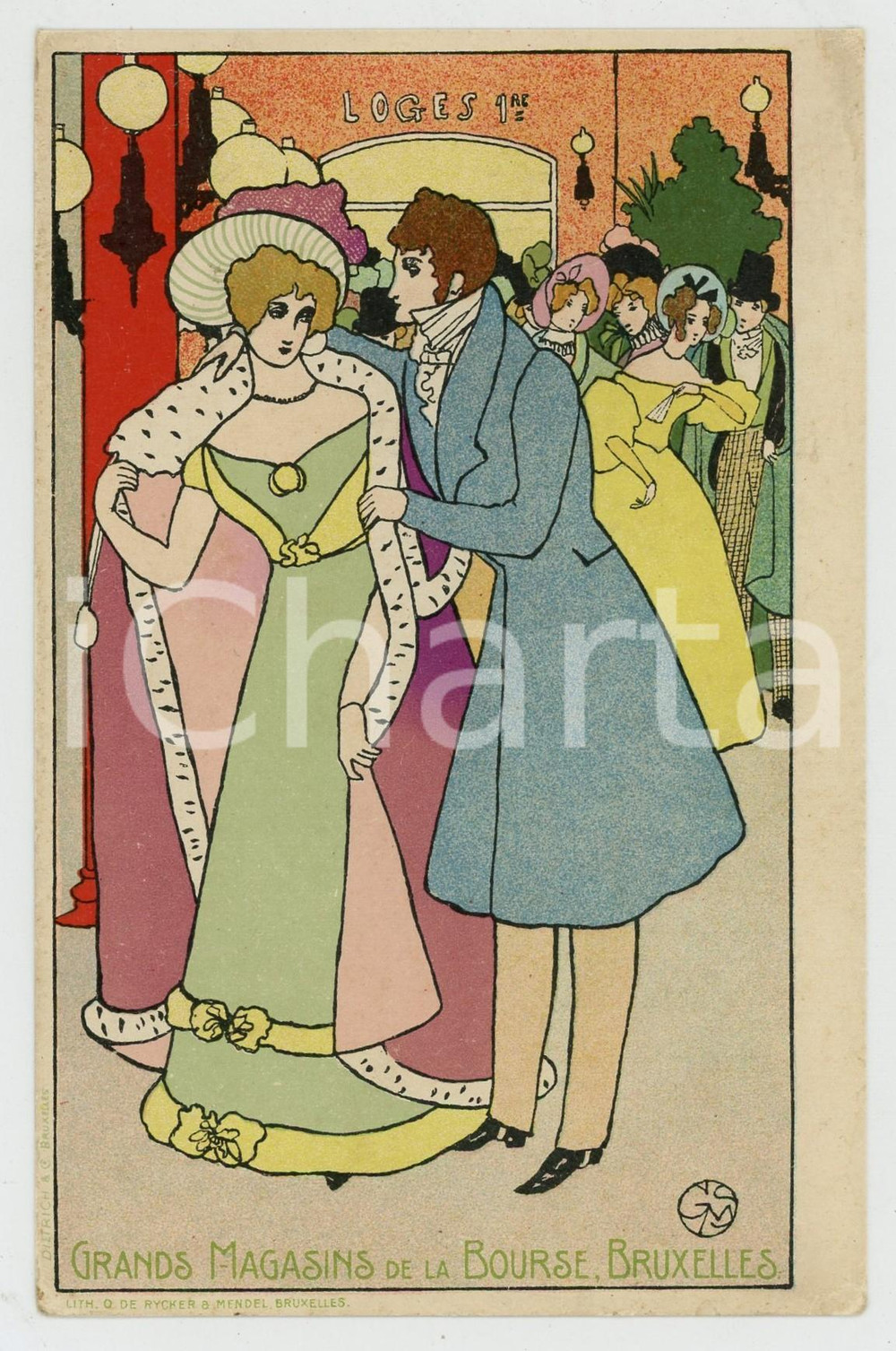 1910 ca BRUXELLES Grands Magasins de la Bourse - Couple - Postcard  Cartolina postale pubblicitaria d'epoca, non viaggiata. GOOD/buono  Formato: 9x14 cm originale e autentica 1