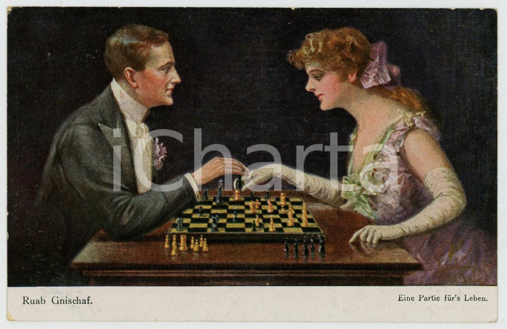 1920 ca LOVERS Ruab GNISCHAF Eine partie für's leben - Chess players - Postcard 2'epoca, non viaggiata. FAIR/discreto Lievi smussature agli angoli, piccola piegatura al margine inferiore Formato: FP originale e autentica 1