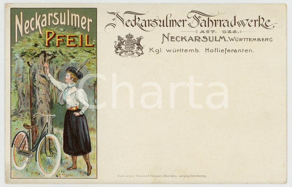1900 ca NECKARSULM Fahrradwerke - Pfeil - Postcard vintage adv BICYCLES  Cartolina postale d'epoca, pubblicitaria, non viaggiata.CONDIZIONI: GFORMATO: FP    originale e autentica 1