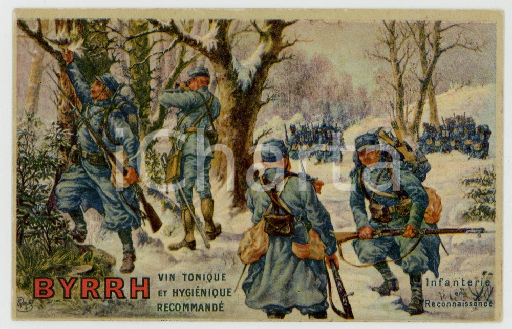1916 BELGIQUE BYRRH Vin tonique - Infanterie en reconnaissance - Carte postale Cartolina d'epoca, viaggiata. FAIR/discreto Lievi smussature agli angoli Formato: FP originale e autentica 1