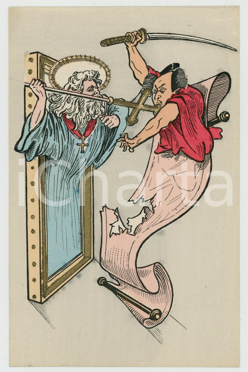 1910 ca PROPAGANDA Christianism defeating JAPAN - RARE Old postcard  Cartolina postale d'epoca, non viaggiata. GOOD/buono  Formato: 9x14 cm originale e autentica 1