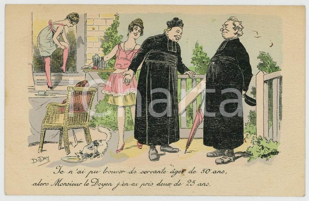1910 ca FRANCE HUMOUR - Curé avec jeunes servntes - Postcard ill. DoDAY  Cartolina postale d'epoca, illustrata a colori, non viaggiata. GOOD/buono  Formato: 14x9 cm originale e autentica 1