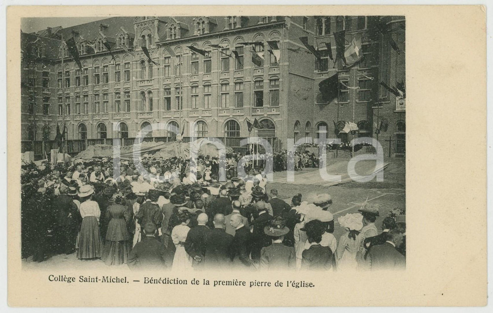 1908 BRUXELLES Collège Saint-Michel - Bénédiction première pierre église *CPA  Cartolina postale d'epoca, viaggiata. GOOD/buono  Formato: 14x9 cm originale e autentica 1