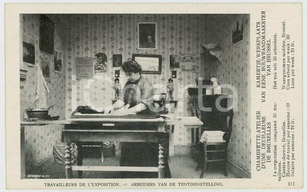 1910 BRUXELLES Exposition universelle - Atelier d'une deuilleuse - Carte postale  Cartolina postale d'epoca, non viaggiata.CONDIZIONI: FAIR (piegature all'angolo superiore destro)FORMATO: FP    originale e autentica 1