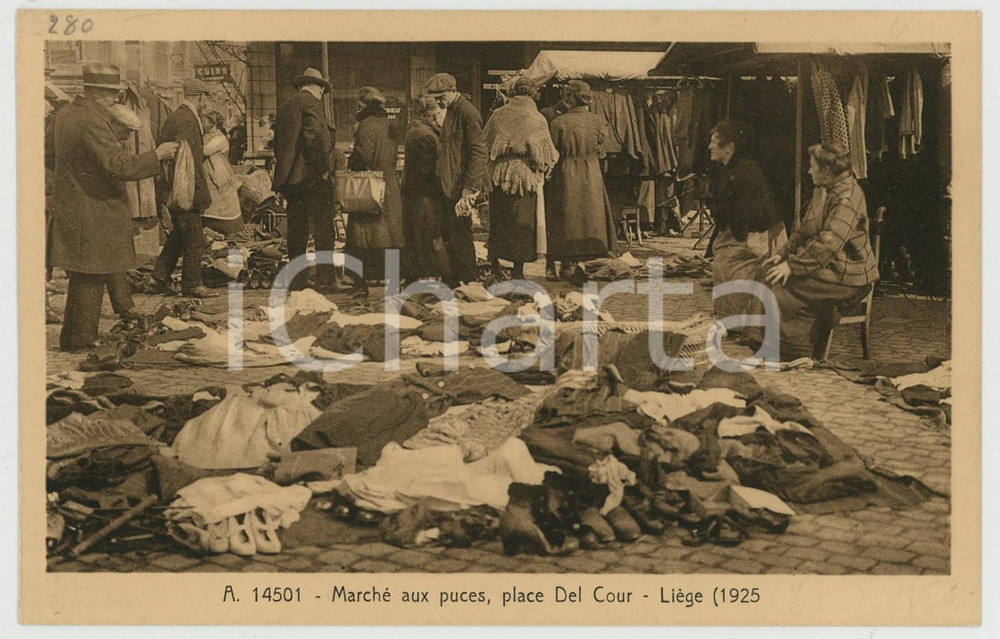 Cartolina originale da collezione 1960 ca LIÃˆGE  BELGIQUE Place Del Cour  MarchÃ© aux puces 1925 Carte postale 1