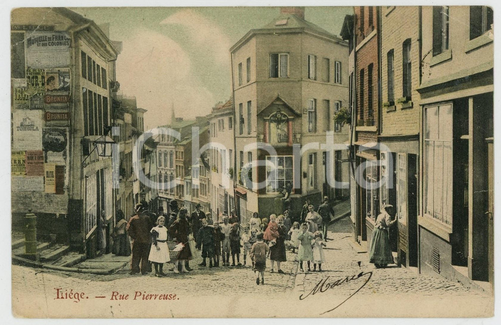1906 LIEGE (BELGIQUE) Rue Pierreuse - Carte postale ANIMEE Cartolina postale d'epoca, viaggiata. POOR/danneggiato evidenti piegature angolari Formato: 14x9 cm originale e autentica 1