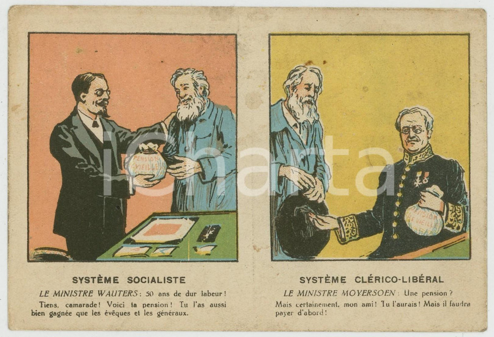1940 BELGIQUE - SATIRE Ministres Ludovic MOYERSOEN Arthur WAUTERS Carte postale  Cartolina postale d'epoca, non viaggiata.CONDIZIONI: POOR (bruniture diffuse, smussature agli angoli)FORMATO: FP    originale e autentica 1