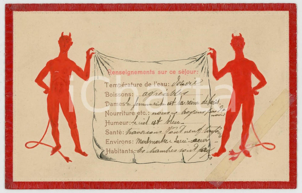 1905 DEVILS - DIABLES - Séjour à l'enfer - DAMAGED embossed postcard CPA  Cartolina postale illustrata, viaggiata.CONDIZIONI: VP (strappo all'angolo inferiore destro, riparato con adesivo)FORMATO: FP     originale e autentica 1