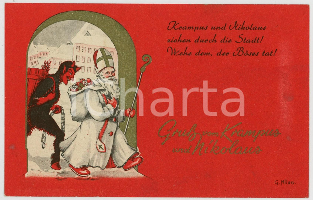 1940 ca CHRISTMAS Gruß vom Krampus und Nicolaus - Devil - Postcard G. MILAN  Cartolina postale illustrata, non viaggiata.Scritta a penna al verso.CONDIZIONI: GFORMATO: FP     originale e autentica 1