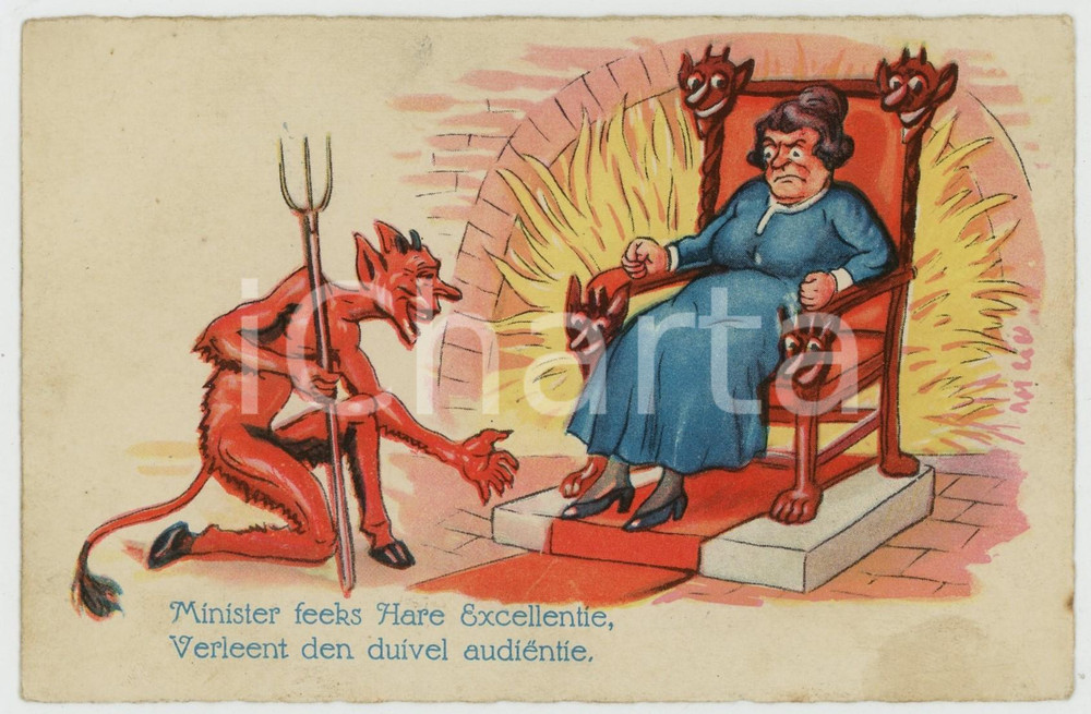 1940 ca BELGIUM Devil flatterer - Minister feeks  Hare Excellentie - Postcard  Cartolina postale illustrata, viaggiata (ma francobollo asportato).CONDIZIONI: F (lievi ingiallimenti)FORMATO: FP     originale e autentica 1