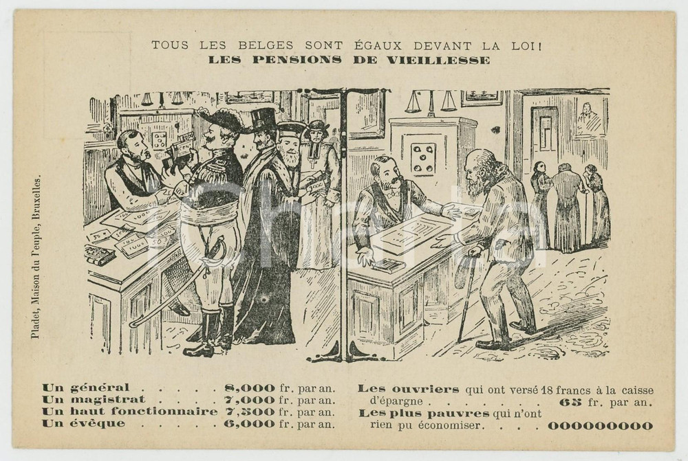 1910 ca BELGIQUE Les pensions de vieillesse - Carte postale ILLUSTRÉE (1)  Cartolina postale d'epoca, non viaggiata. GOOD/buono  Formato: 14x9 cm originale e autentica 1