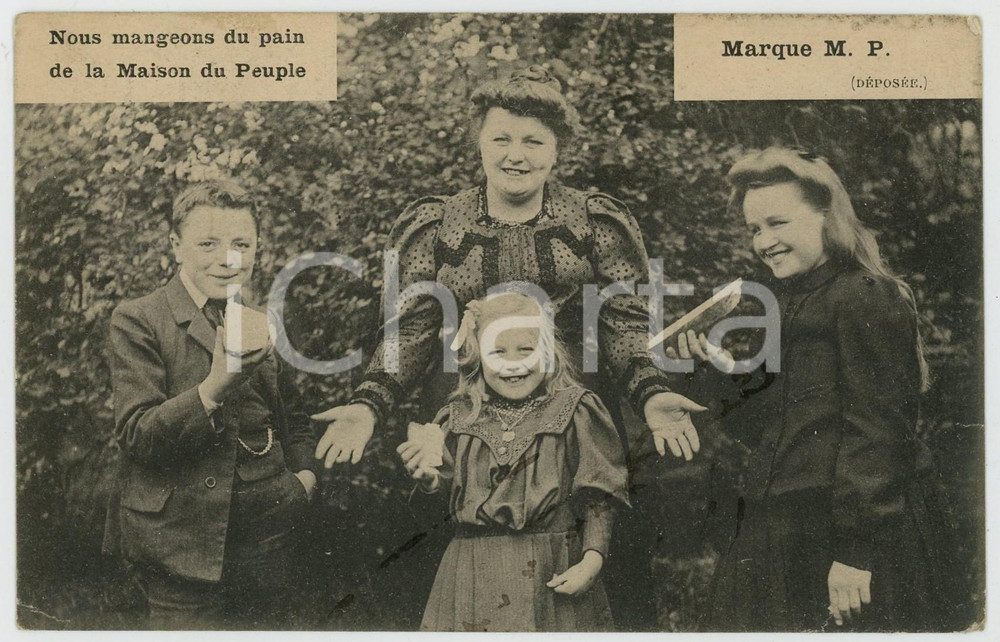 1908 BELGIQUE Marque MP Nous mangeons du pain de la MAISON DU PEUPLE Cartolina  Cartolina postale d'epoca, viaggiata.CONDIZIONI: POOR ( piegature agli angoli inferiori, sbrecciature ai margini, residui di inchiostro al recto)FORMATO: FP    originale e autentica 1