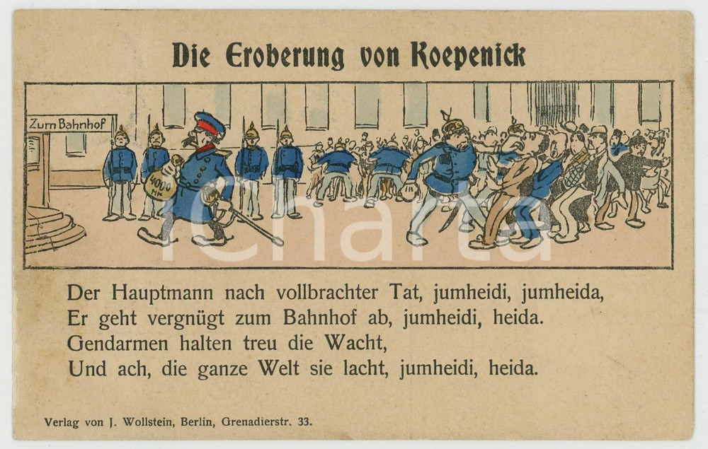 1906 DEUTSCHLAND Die eroberung von koepenick ILLUSTRATED Postcard FP VG  Cartolina postale d'epoca, viaggiata.CONDIZIONI: FAIR (residuo di incollatura al verso, bruniture diffuse)FORMATO: FP    originale e autentica 1