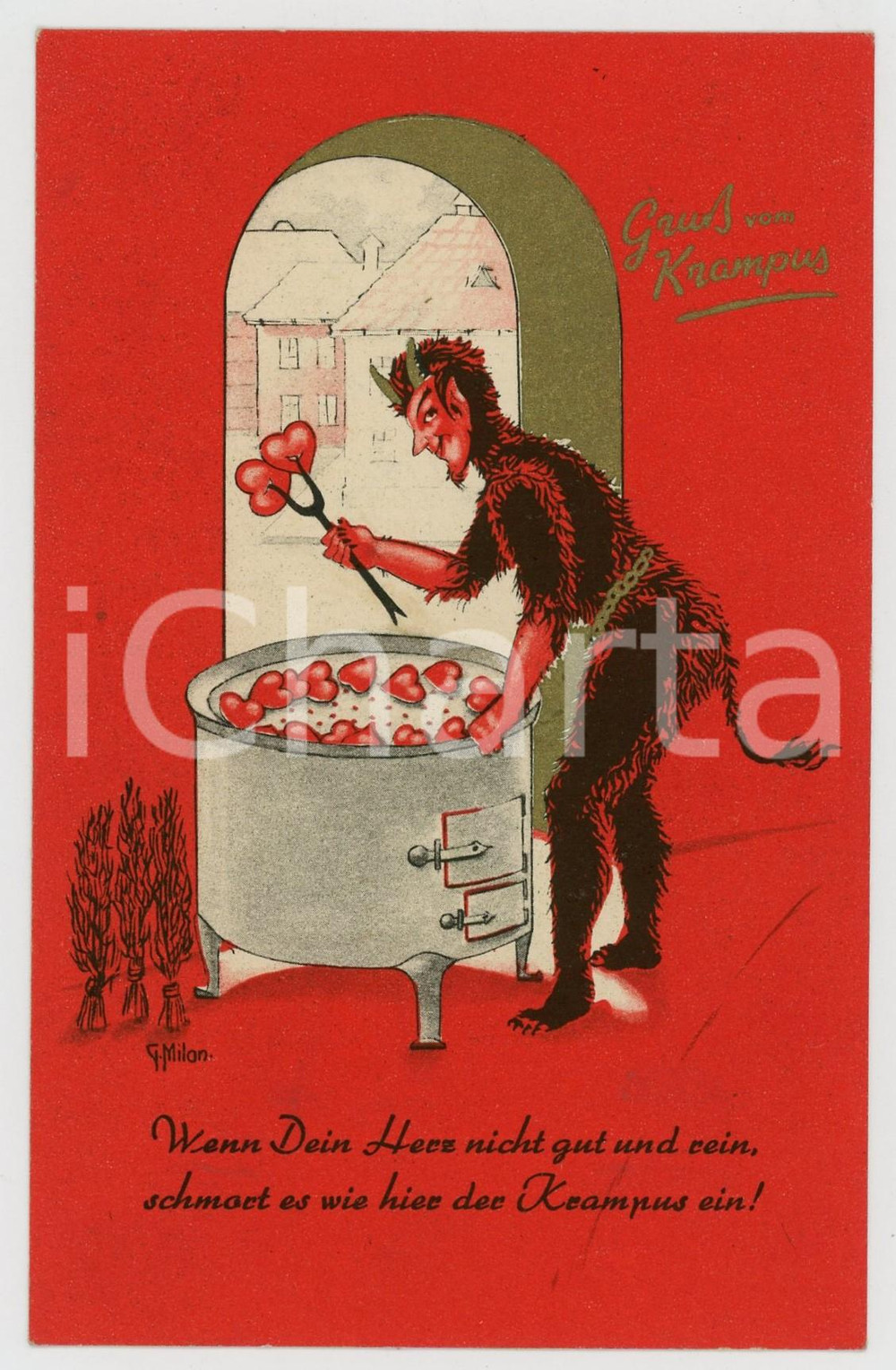 1940 ca CHRISTMAS Gruß vom Krampus - Devil cooking hearts - Postcard G. MILAN  Cartolina postale illustrata, non viaggiata.Scritta a penna al verso.CONDIZIONI: GFORMATO: FP     originale e autentica 1