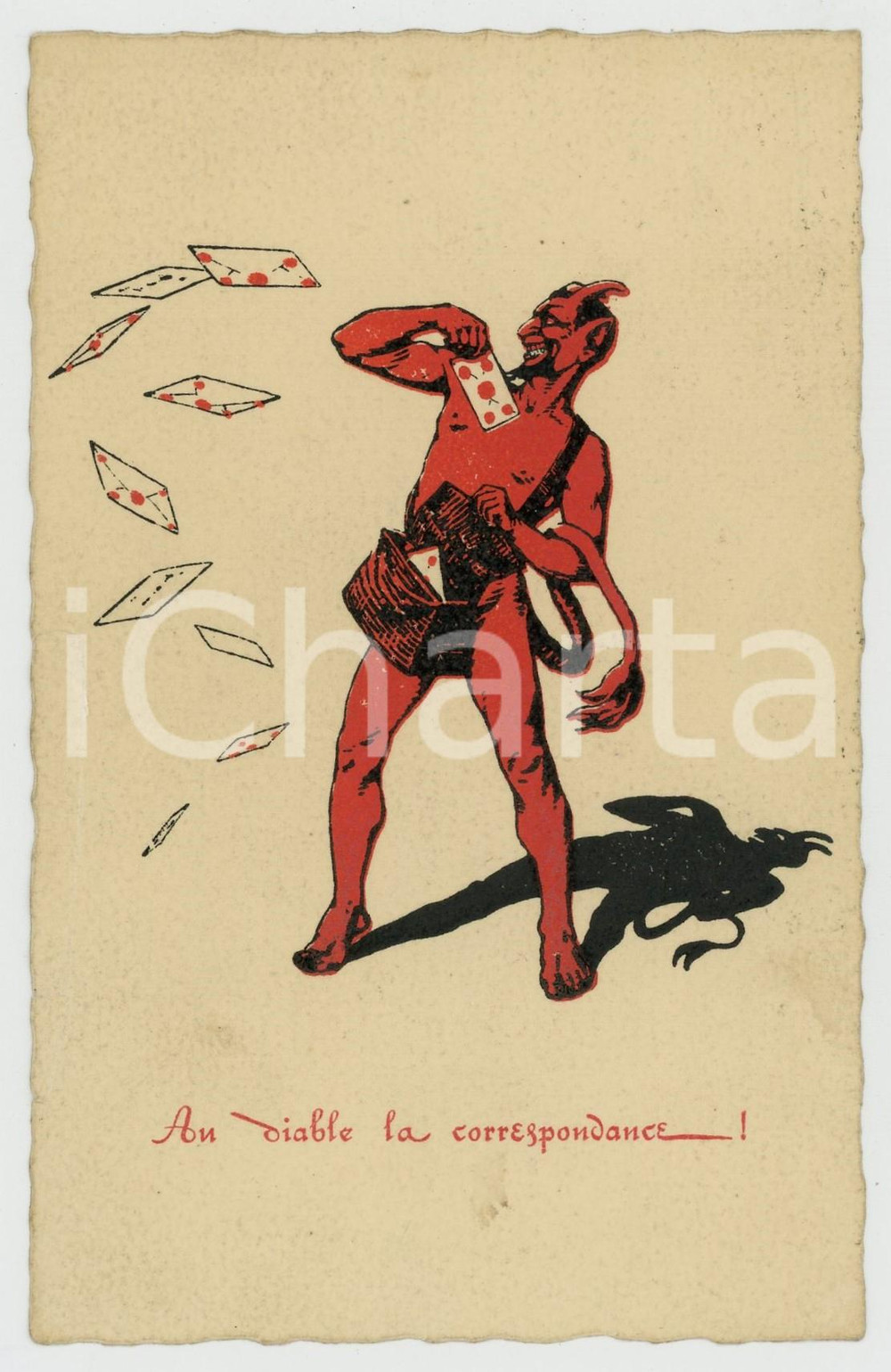 1912 HUMOUR - DEVILS - Au diable la correspondance - DAMAGED French Postcard  Cartolina postale d'epoca, viaggiata.CONDIZIONI: VP (lunga piegatura al lato sinistro, con piccolo strappo)FORMATO: FP     originale e autentica 1