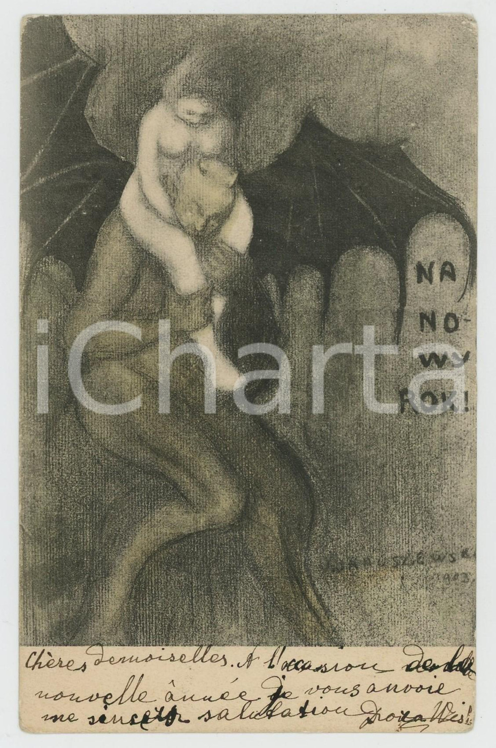 1908 POLAND - NEW YEAR - Devil and nude woman - Postcard ill. J. JARUSZEWSKI  Cartolina postale illustrata, viaggiata.CONDIZIONI: G (smussature angolari)FORMATO: FP     originale e autentica 1