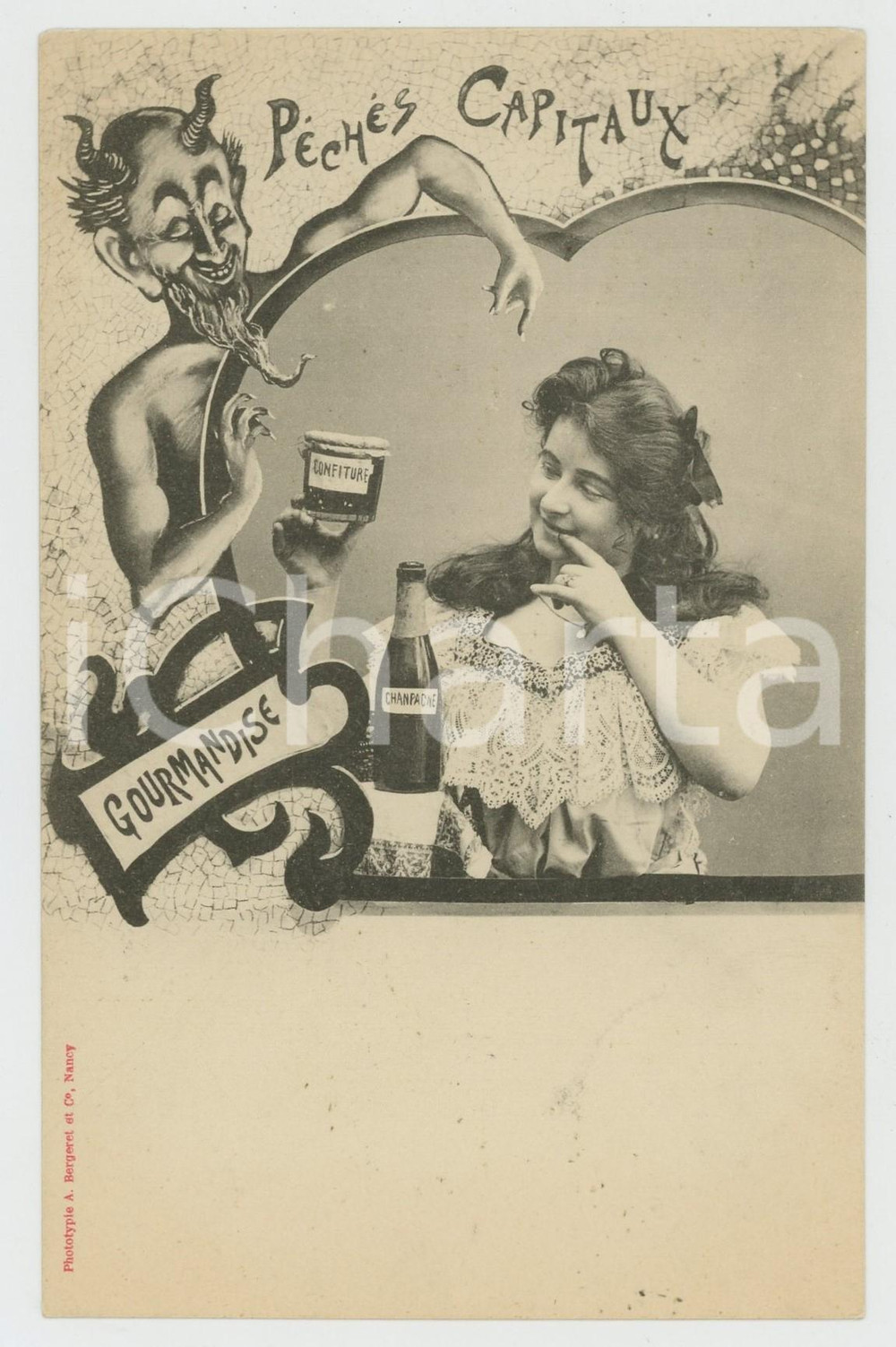 1900 ca FRANCE - Péchés Capitaux - Gourmandise - Postcard CPA A. Bergeret Cartolina postale originale d'epoca, non viaggiata.EDITORE: A. Bergeret - Nancy GOOD/buono  Formato: 9x14 cm originale e autentica 1