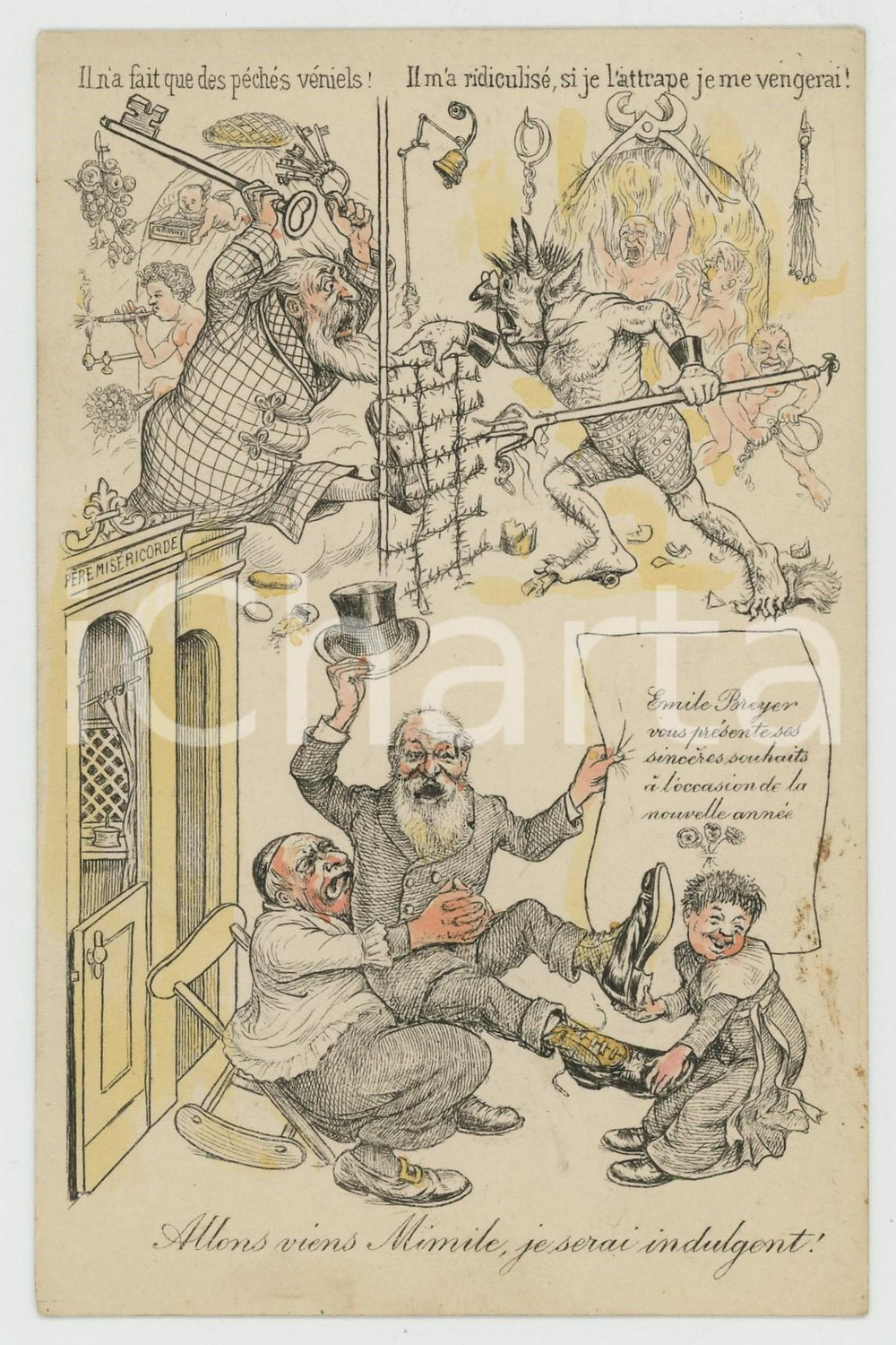 1910 ca HUMOUR Nouvelle Année - Diable - Viens Mimile - Postcard Emile BREYER  Cartolina postale illustrata, priva di stampa al verso. FAIR/discreto lievi macchie al recto Formato: 9x14 cm originale e autentica 1