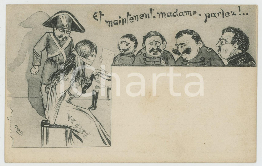 1900 ca AFFAIRE DREYFUS - Artist ENZO - Et maintenant, madame, parlez! *Postcard  Cartolina postale d'epoca, non viaggiata. GOOD/buono  Formato: 14x9 cm originale e autentica 1