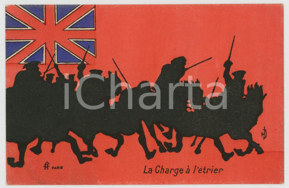 1915 ca WWI FRANCE La charge Ã  l'Ã©trier - UK flag - Silhouette postcard  Cartolina postale d'epoca, non viaggiata. GOOD/buono  Formato: 14x9 cm originale e autentica 1