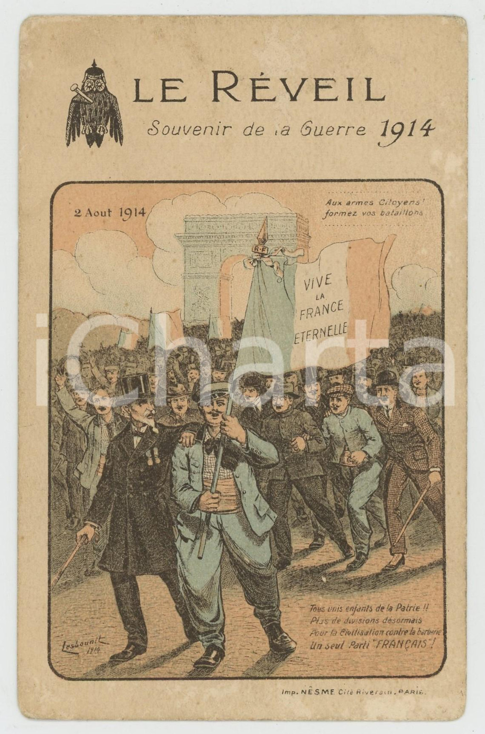 1914 WW1 LE REVEIL - Vive la France Ã©ternelle *Carte postale ill. LESBOUNIT  Cartolina postale d'epoca, non viaggiata. FAIR/discreto abrasioni Formato: 9x14 cm originale e autentica 1