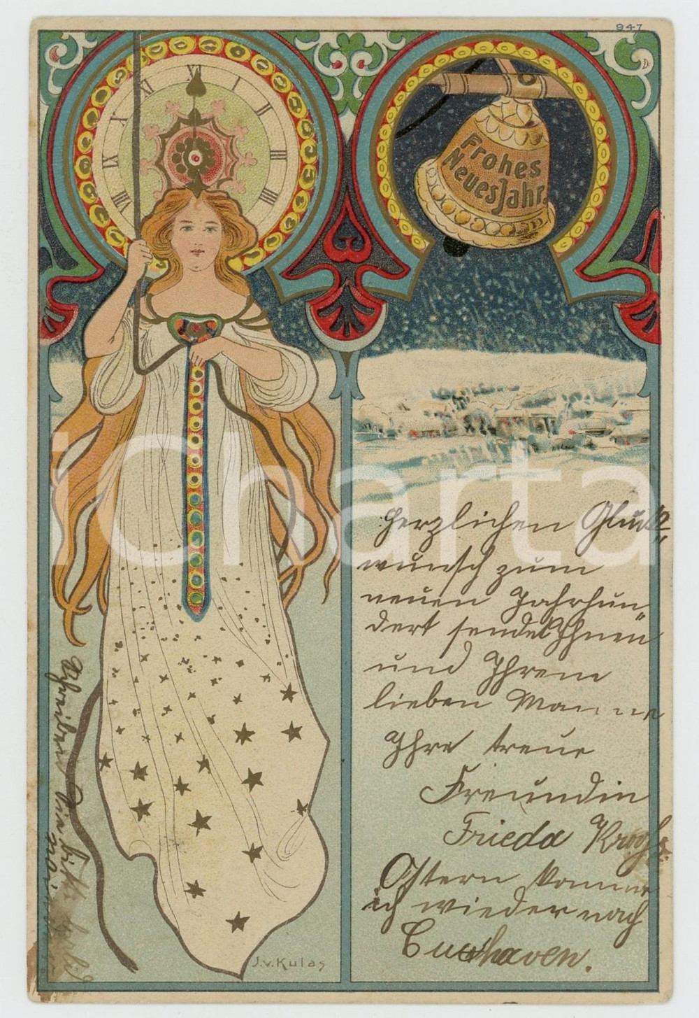 1909 ART NOUVEAU Artist J. V. KULAS - New Year Illustrated RARE postcard  Cartolina postale d'epoca, viaggiata.CONDIZIONI: G FORMATO: FP    originale e autentica 1