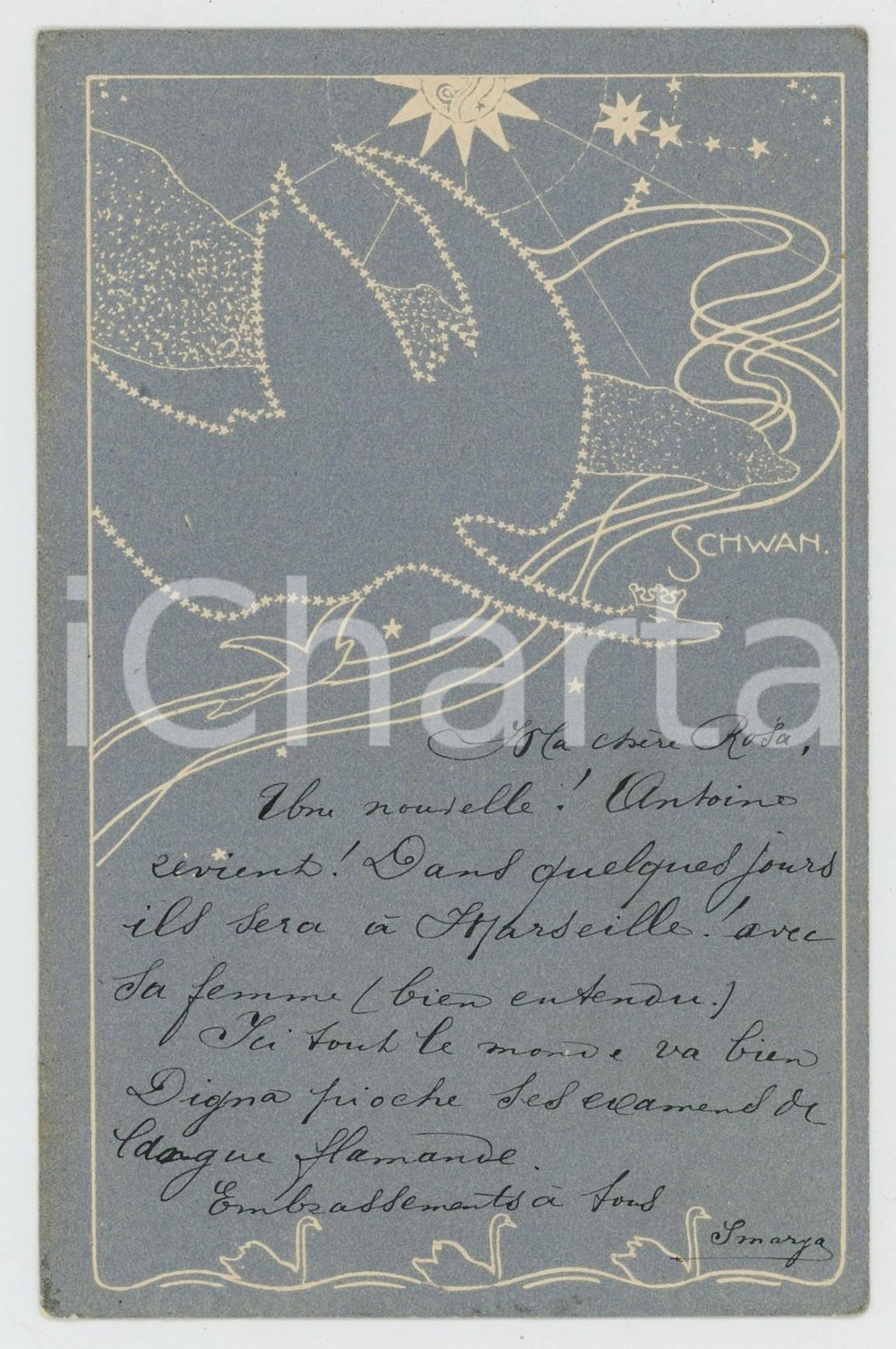 1900 ART DECO Crowned swan in blue - Illustrated RARE postcard  Cartolina postale d'epoca, viaggiata.CONDIZIONI: G FORMATO: FP    originale e autentica 1
