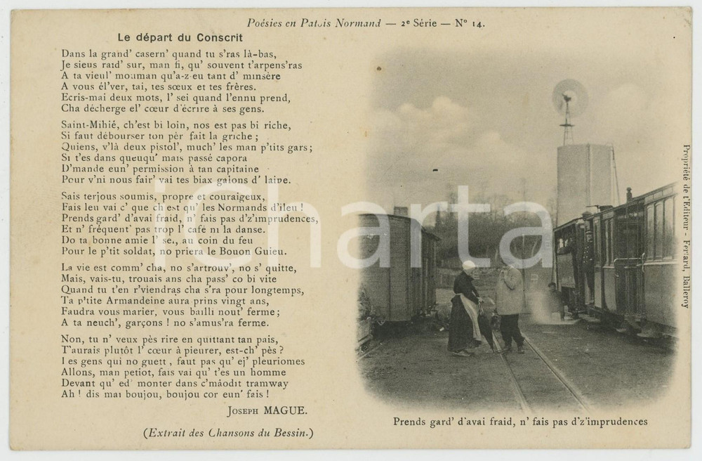 1910 ca POÉSIES EN PATOIS NORMAND Départ du conscrit - Carte postale FP NV  Cartolina postale d'epoca, non viaggiata.Con una poesia di Joseph Mague tratta da Chansons du Bessin. FAIR/discreto Lievi smussature agli angoli Formato: FP originale e autentica 1