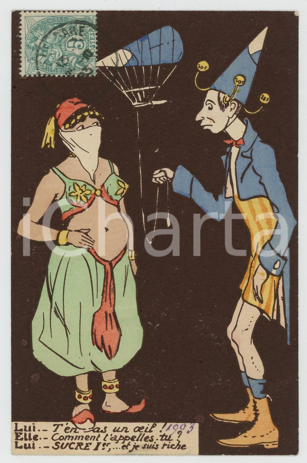 1905 ART NOUVEAU Fernand FERNEL - Clown et odalisque (1) Carte postale FP VG  Cartolina d'epoca, viaggiata. FAIR/discreto Lievi smussature agli angoli Formato: FP originale e autentica 1