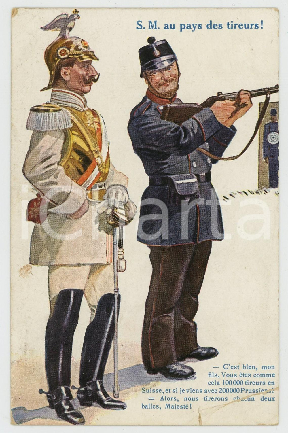 1915 ca WW1 Kaiser Wilhelm II au pays des tireurs - Carte postale ILLUSTRÉE FP  Cartolina postale d'epoca, non viaggiata. POOR/danneggiato Lievi smussature agli angoli, profonda piegatura all'angolo inferiore destro Formato: FP originale e autentica 1