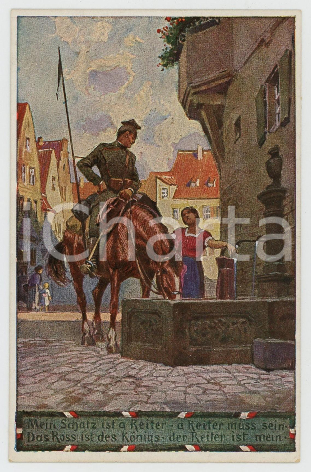 1915 ca WW1 - DEUTSCHLAND Mein schatz ist a reiter ILLUSTRATED Postcard FP NV  Cartolina postale d'epoca, non viaggiata ma con nota manoscritta al verso. FAIR/discreto Lievi smussature agli angoli Formato: FP originale e autentica 1