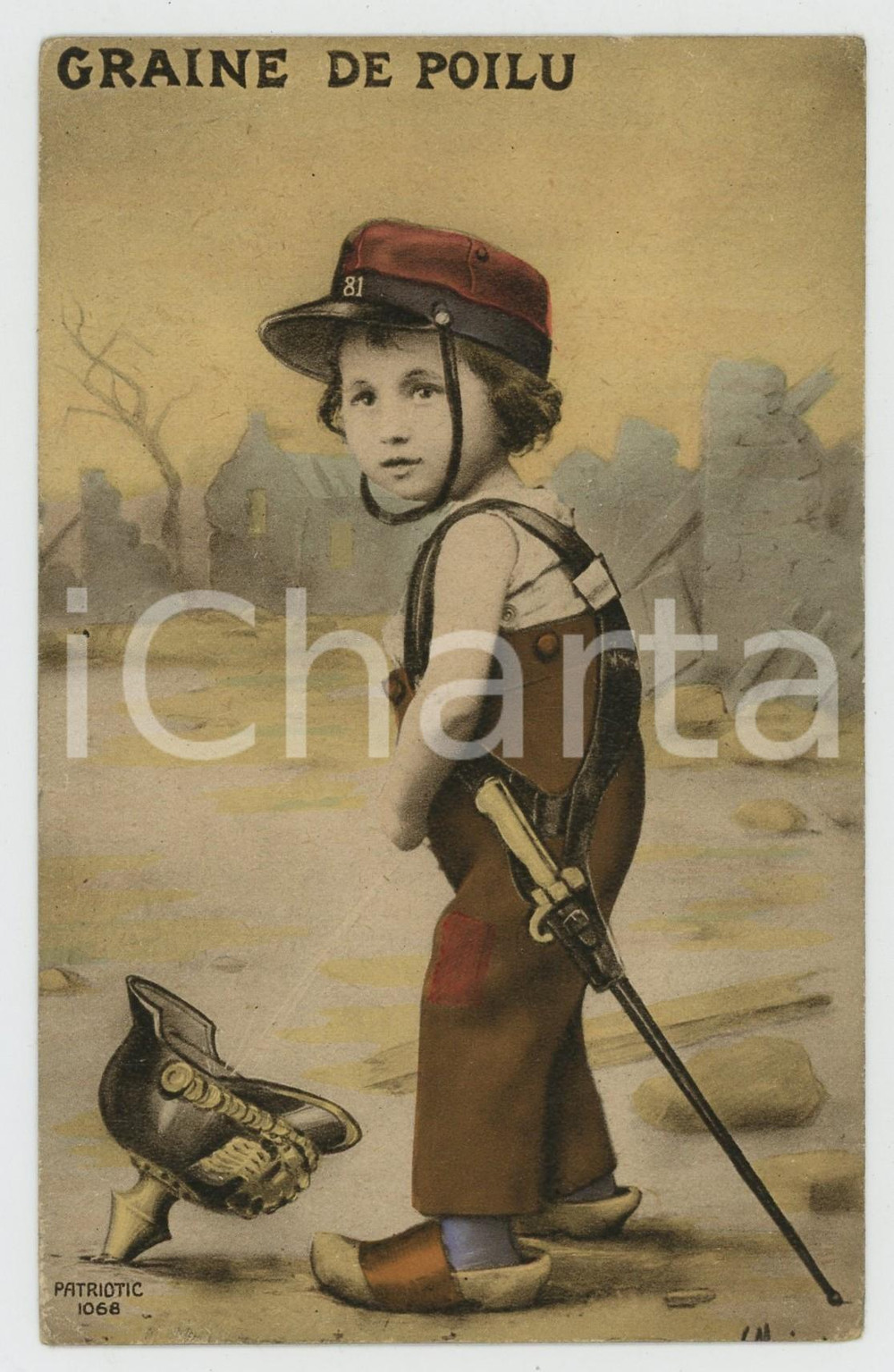 1918 FRANCE - GRAINDE DE POILU Enfant pisse dans un pickelhaube - Carte postale  Cartolina postale d'epoca, viaggiata. POOR/danneggiato Smussature agli angoli, carta lenta Formato: FP originale e autentica 1