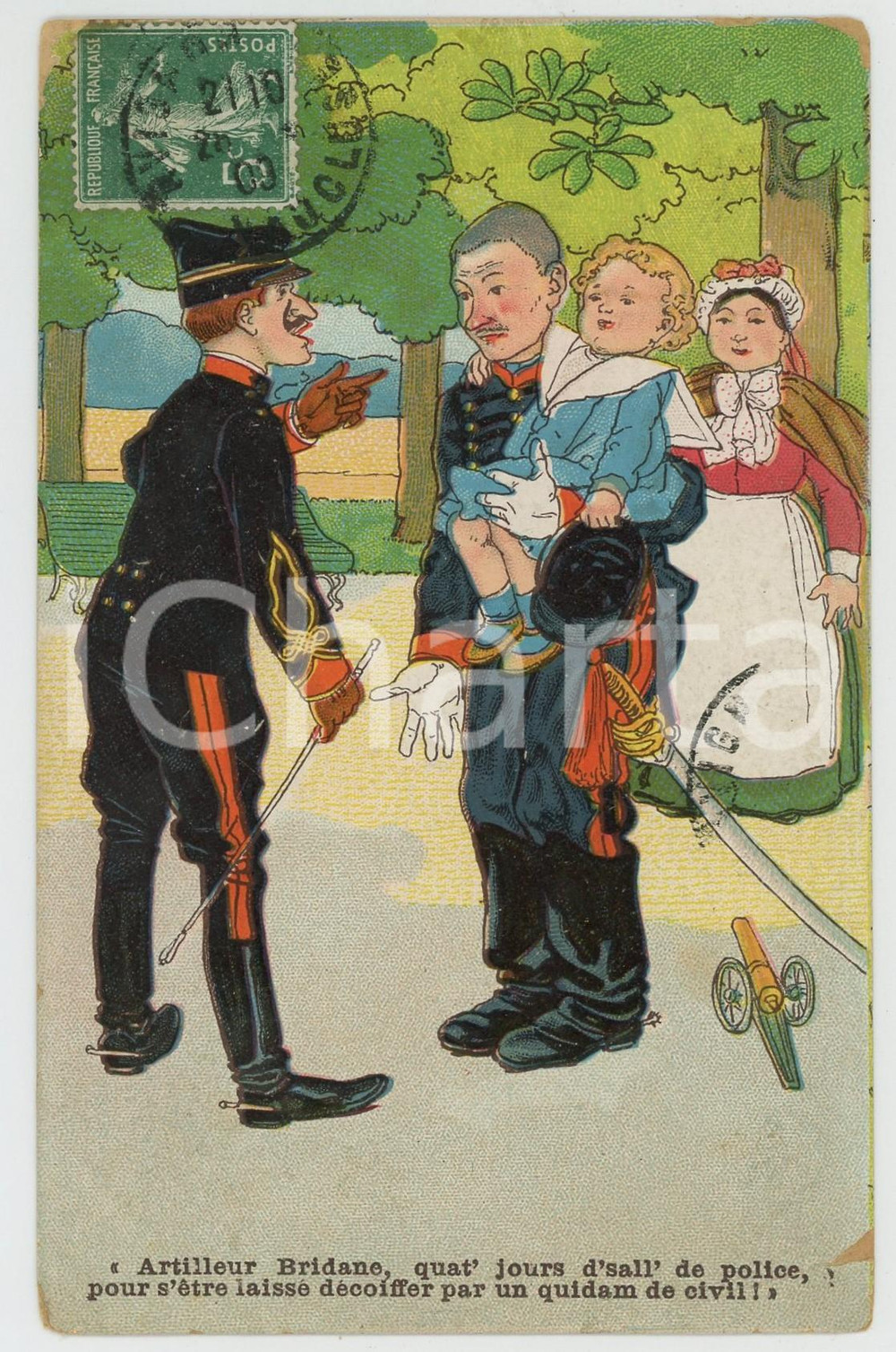 1909 FRANCE - HUMOUR Artilleur Bridane - Carte postale ILLUSTRÉE FP VG  Cartolina postale d'epoca, non viaggiata. POOR/danneggiato Lievi smussature e piegature agli angoli, sbrecciature Formato: FP originale e autentica 1