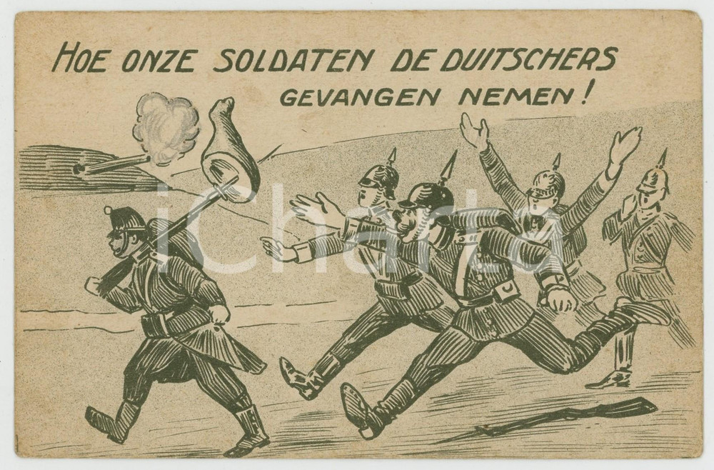 1915 ca WW1 - HUMOUR Hoe onze soldaten de duitschers gevangen nemen - Postcard  Cartolina postale d'epoca, non viaggiata. POOR/danneggiato Lievi smussature agli angoli, forellini Formato: FP originale e autentica 1