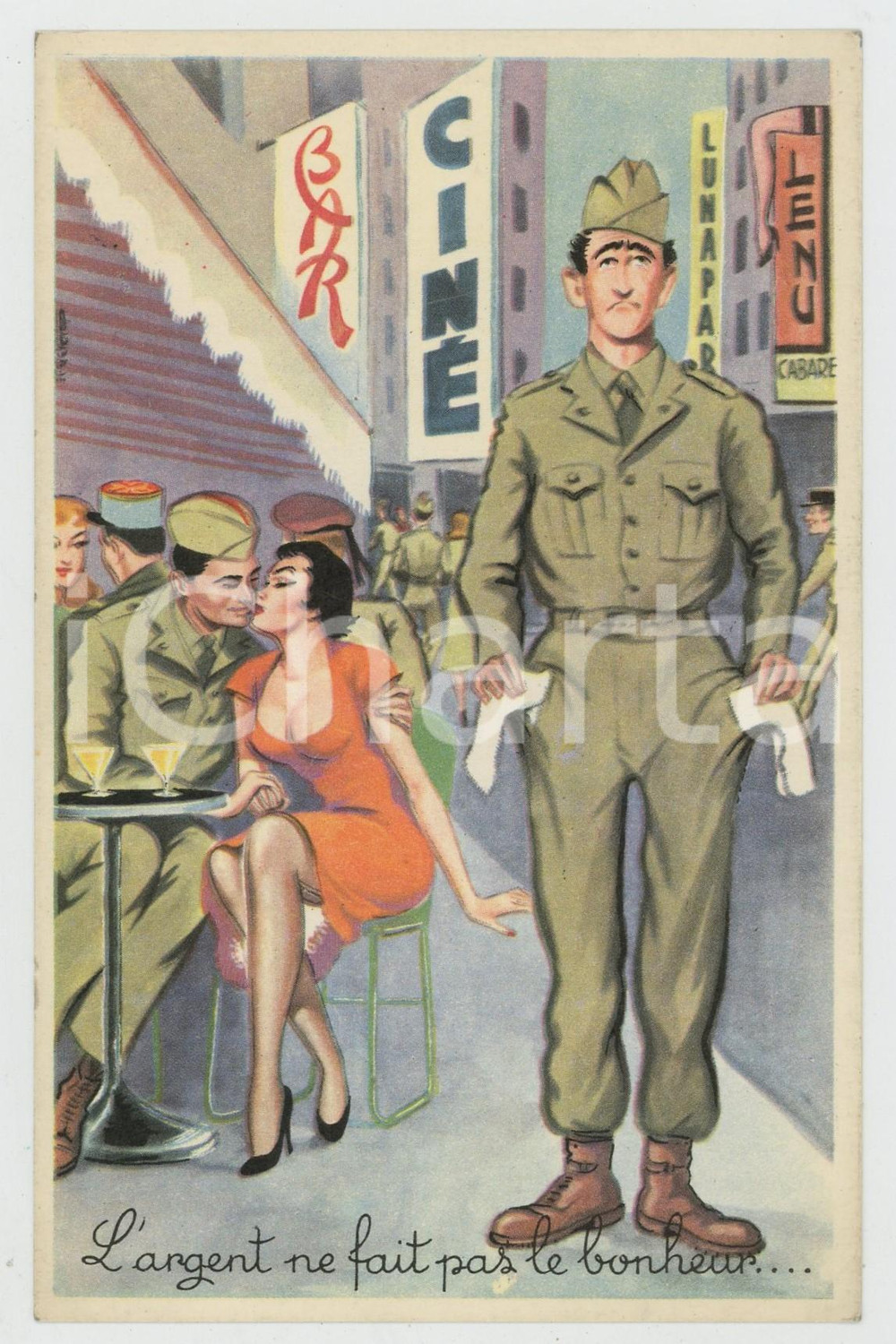 1950 ca SOLDATS - HUMOUR L'argent ne fait pas le bonheur - Carte postale FP NV  Cartolina postale d'epoca, non viaggiata. FAIR/discreto Lievi smussature agli angoli Formato: FP originale e autentica 1