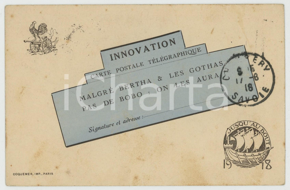 1918 FRANCE Malgré Bertha & Les Gothas - Pas de Bobo on les aura - Carte postale  Cartolina postale d'epoca, viaggiata. FAIR/discreto Lievi smussature e piegature agli angoli Formato: FP originale e autentica 1