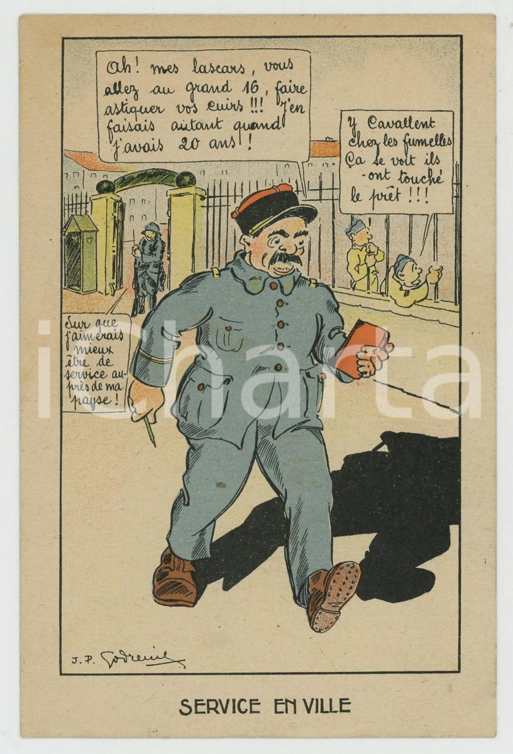 1935 ca SOLDATS - HUMOUR Service en ville - Carte postale GARDE À VOS FP NV  Cartolina postale d'epoca, non viaggiata ma con nota manoscritta al verso. FAIR/discreto Lievi smussature agli angoli Formato: FP originale e autentica 1
