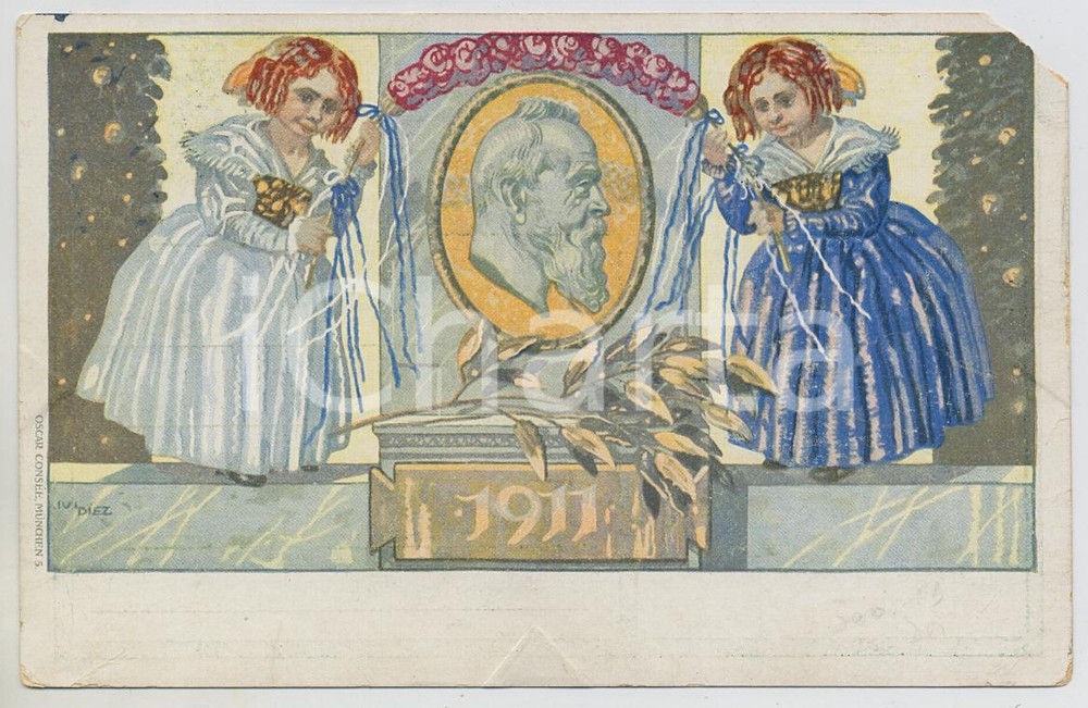 1911 KONIGREICH BAYERN Luitpold VON BAYERN Artist M. DIEZ - Postcard  Cartolina postale d'epoca, non viaggiata ma con timbro di annullo. POOR/danneggiato Lievi smussature agli angoli, mancanza all'angolo superiore destro Formato: 14x9 cm originale e autentica 1