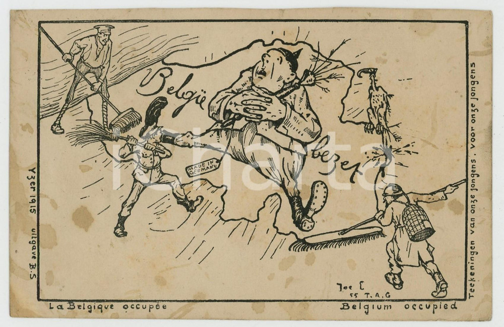1918 SATIRE Belgique occupée - Postes militaires Belgique - Carte postale FP VG  Cartolina postale d'epoca, viaggiata. FAIR/discreto Lievi smussature agli angoli, macchie al recto Formato: FP originale e autentica 1