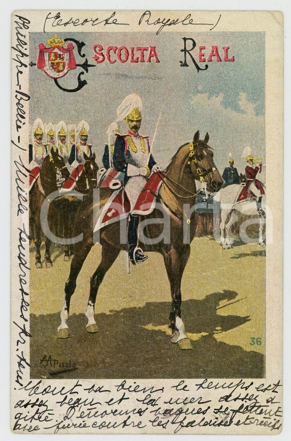 1904 GUARDIA REAL ESPANOLA Escolta Real - Artist A. A. PICOLO Postcard FP VG  Cartolina postale d'epoca, viaggiata. FAIR/discreto Lievi smussature agli angoli Formato: FP originale e autentica 1