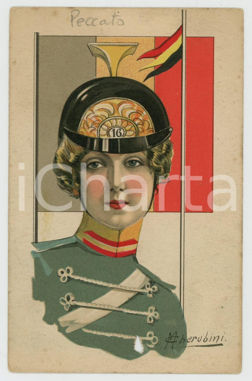 1915 ca WW1 - 16° Reggimento - Donna soldato - Artista M. CHERUBINI Cartolini FP Cartolina d'epoca, non viaggiata. VERY POOR/gravemente danneggiato Lievi smussature agli angoli, foto al margine inferiore Formato: FP originale e autentica 1