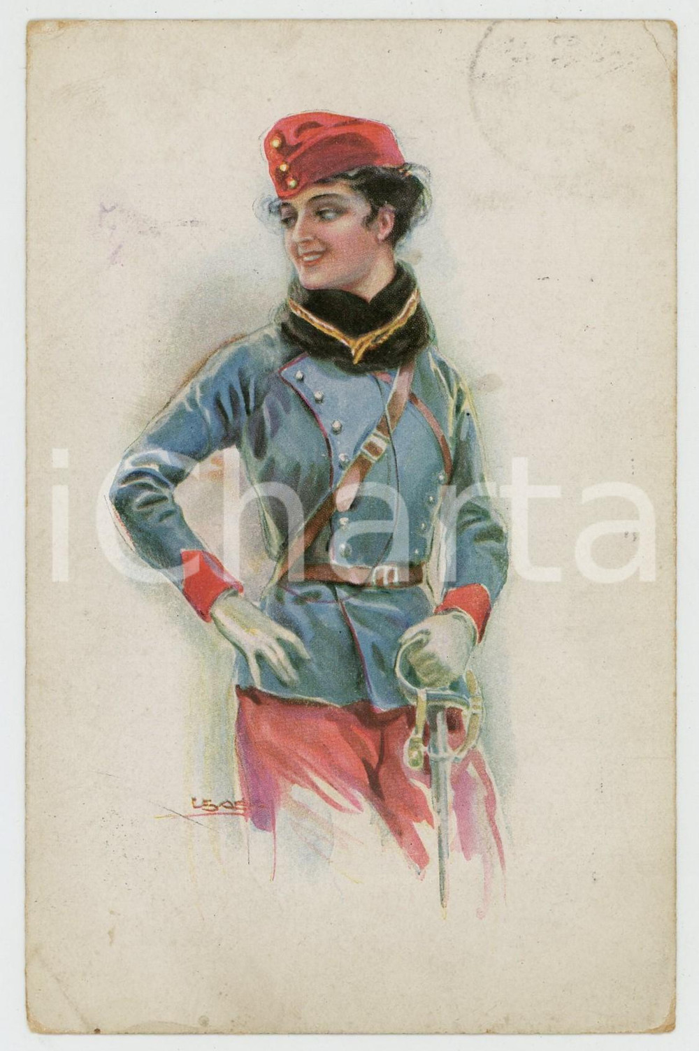 1918 WW1 Artist ISABAY Femme habillée en soldat - Carte postale FP VG  Cartolina postale d'epoca, viaggiata. FAIR/discreto Lievi smussature agli angoli Formato: FP originale e autentica 1