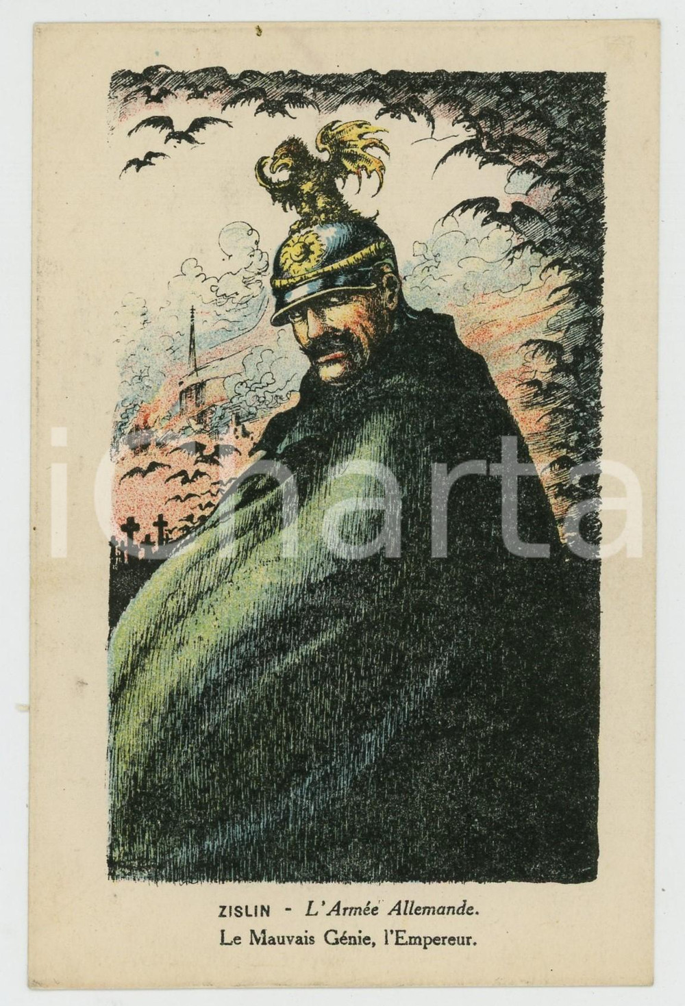 Cartolina originale da collezione 1915 ca WW1 Henri ZISLIN ArmÃ©e Allemande  Mauvais GÃ©nie, l Empereur  Postcard 1