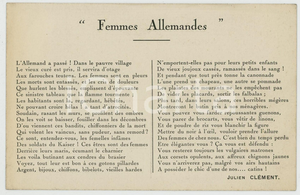 1920 ca FRANCE - POÉSIE Femmes allemandes de Julien CLEMENT - Carte postale FP  Cartolina d'epoca, non viaggiata. FAIR/discreto Lievi smussature agli angoli Formato: FP originale e autentica 1