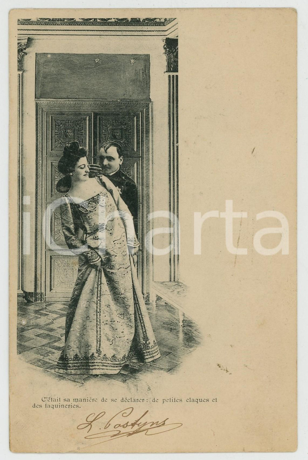 1904 FRENCH COUPLE Petites claques et taquineries - Vintage postcard  Cartolina postale d'epoca, viaggiata.CONDIZIONI: P (piegature diffuse e piccolo foro al bordo sinistro) FORMATO: FP    originale e autentica 1
